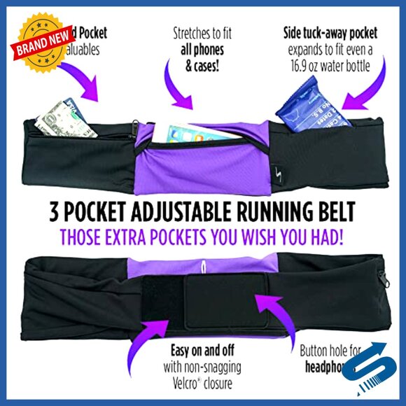 Adjustable Running Belt Waist Pack, 3 Pocket Fanny Pack, Sweat Resistant